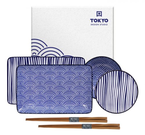 Tokyo Design Studio - Nippon Blue - Sushi borden set met eetstokjes - 21x13.5cm & 9.5x3cm - 4pcs - Lines/Dots