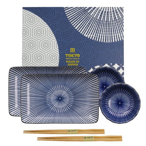 Tokyo Design Studio – Tokusa – Sushi Bordenset met Eetstokjes – Set van 6 Stuks – 20.5 x 13.2cm & 9.3 x 3.2cm